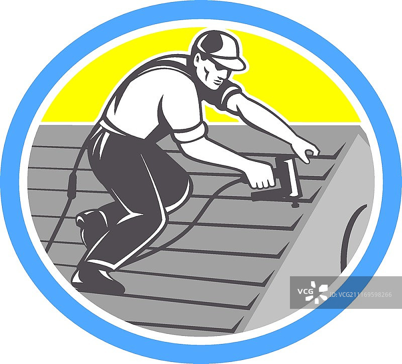 屋顶工人插画：在房屋屋顶上用射钉枪工作的建筑工人，复古风格圆形图案图片素材