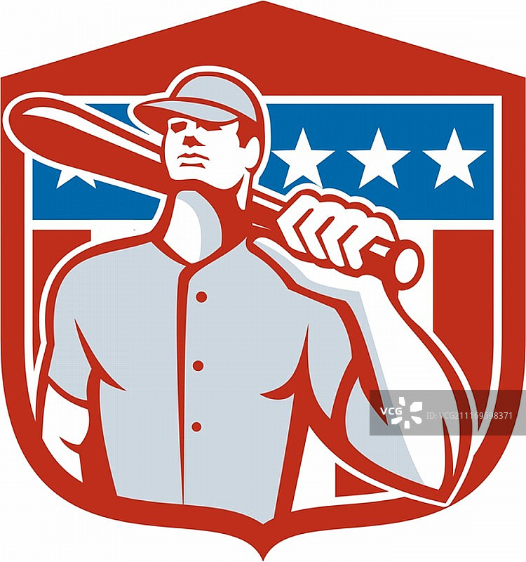 美国棒球运动员击球手肩扛球棒，盾徽内有星条旗背景的复古风格插图图片素材