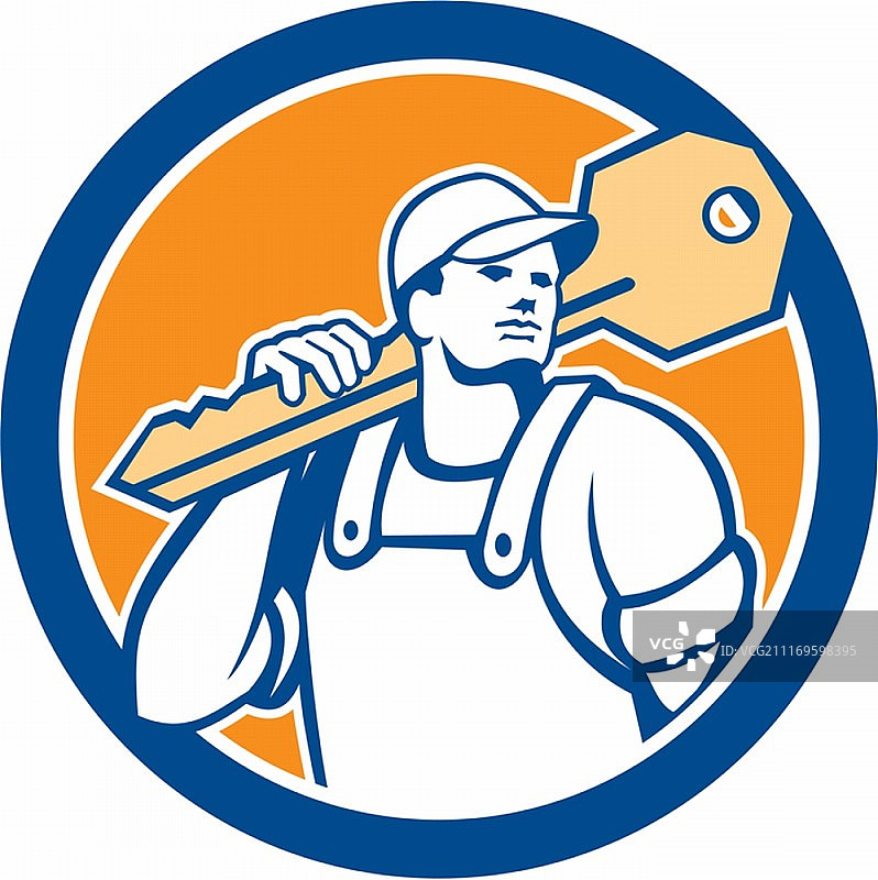 复古风格盾徽内的锁匠肩扛钥匙侧视插画图片素材