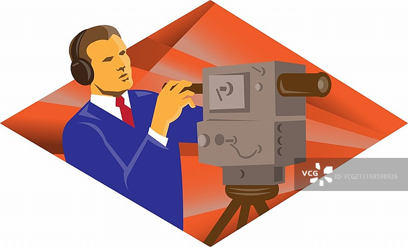 复古风格的摄像师操作老式摄像机的矢量图图片素材