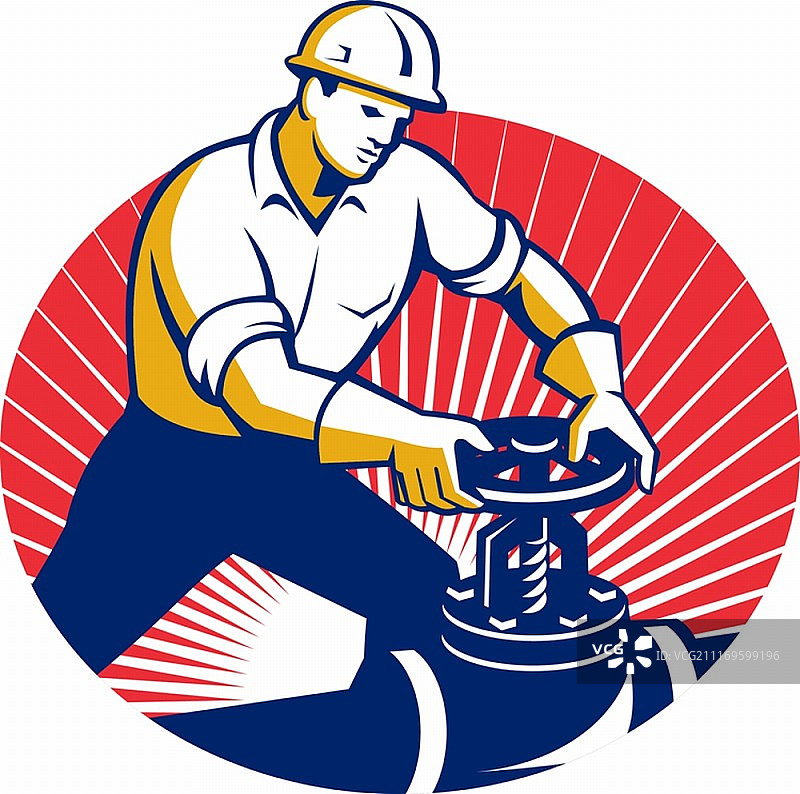 石油工人在椭圆内的管道上转动阀门，背景为阳光照射复古风格插画图片素材