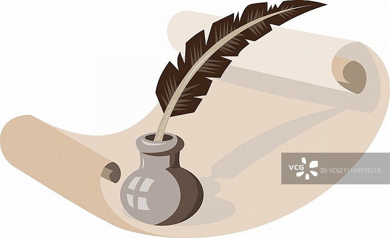 装饰艺术风格的羽毛笔、墨水和纸卷矢量图图片素材