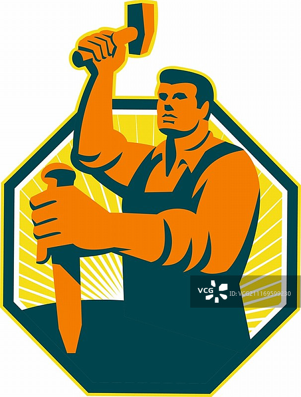 复古风格的八角形木匠雕刻家敲击凿子插画图片素材