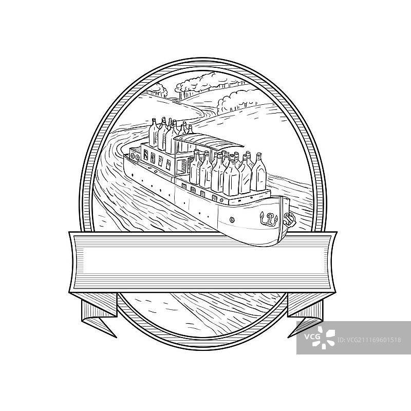 驳船上的杜松子酒瓶黑白线条画插画图片素材