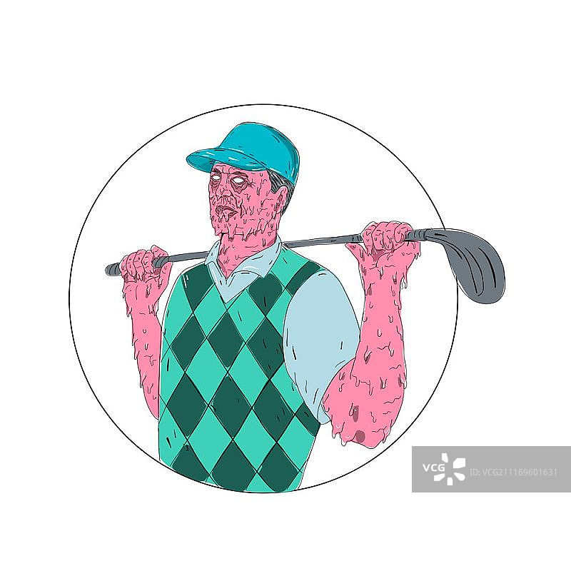 球手穿着背心，肩扛高尔夫球杆，置于孤立背景的圆圈内的Grime艺术风格插画图片素材