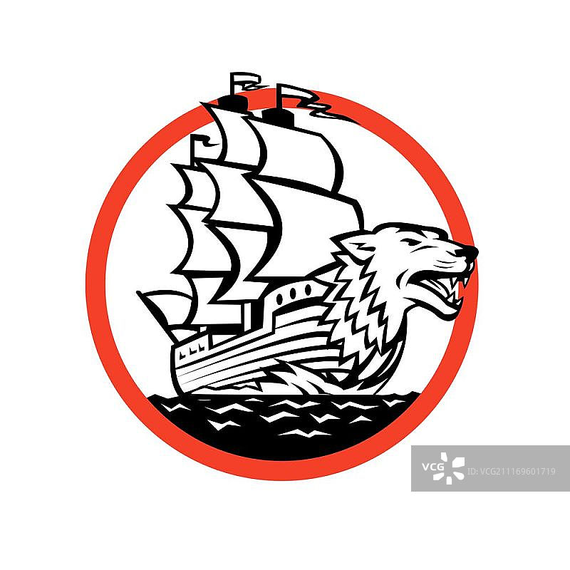 单色背景下，船头带有狼图案的西班牙帆船复古风格插画图片素材