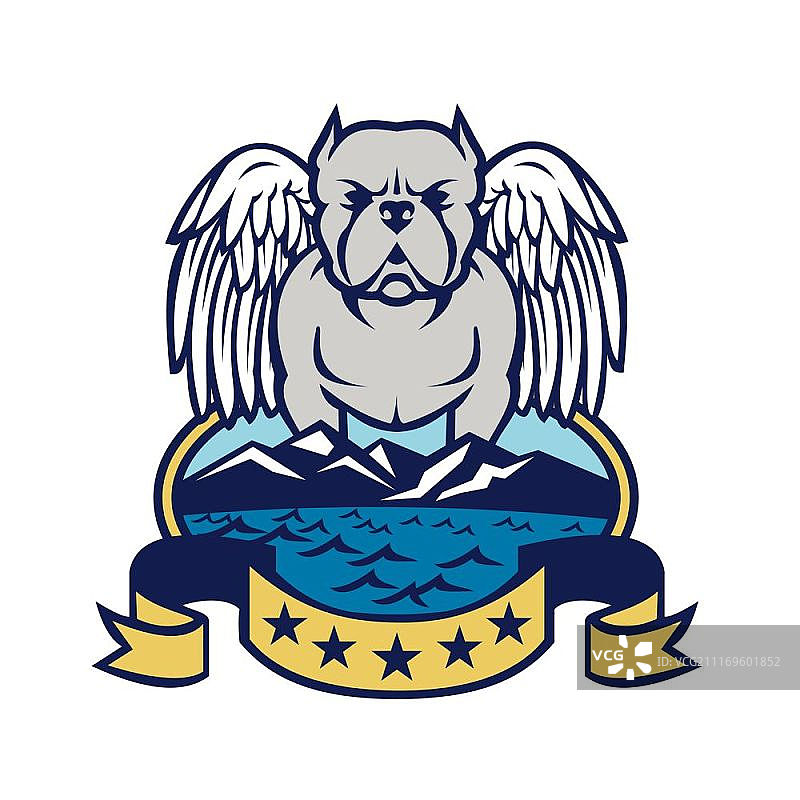 美国斗牛犬天使翅膀岛屿复古风格插画图片素材