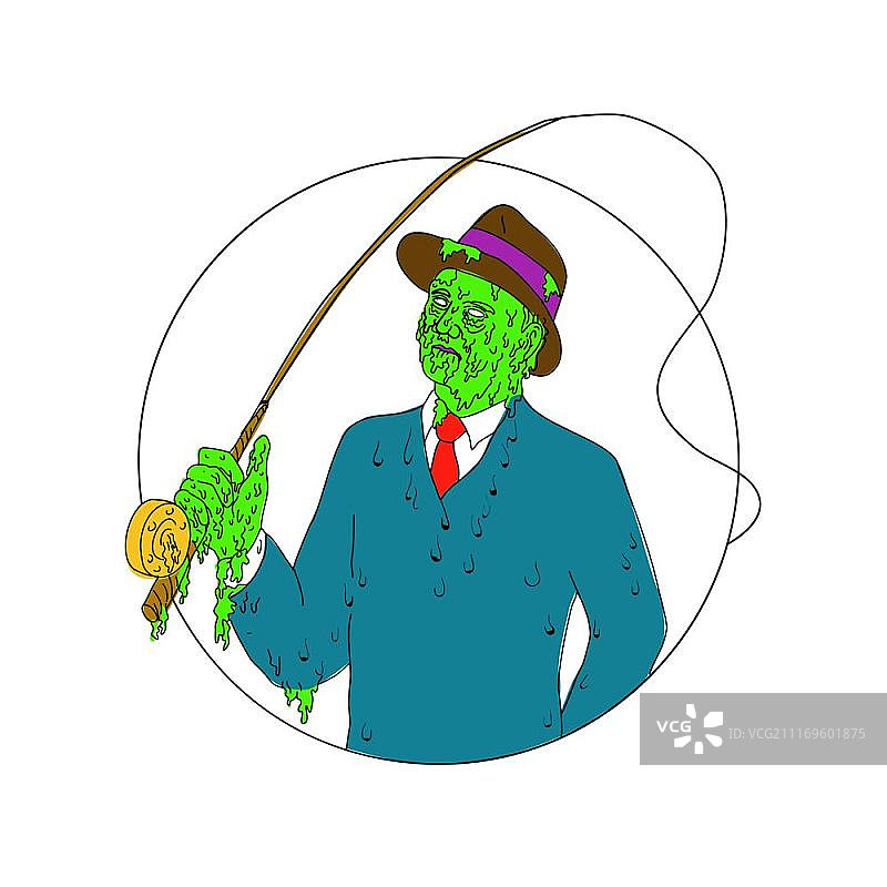 穿着西装、戴着软呢帽的黑帮渔夫的Grime艺术风格插画，手持飞钓竿绕线轮，置于圆圈内图片素材