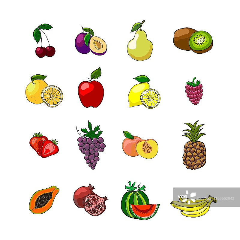 橙子葡萄苹果草莓猕猴桃菠萝樱桃等水果图标矢量图图片素材