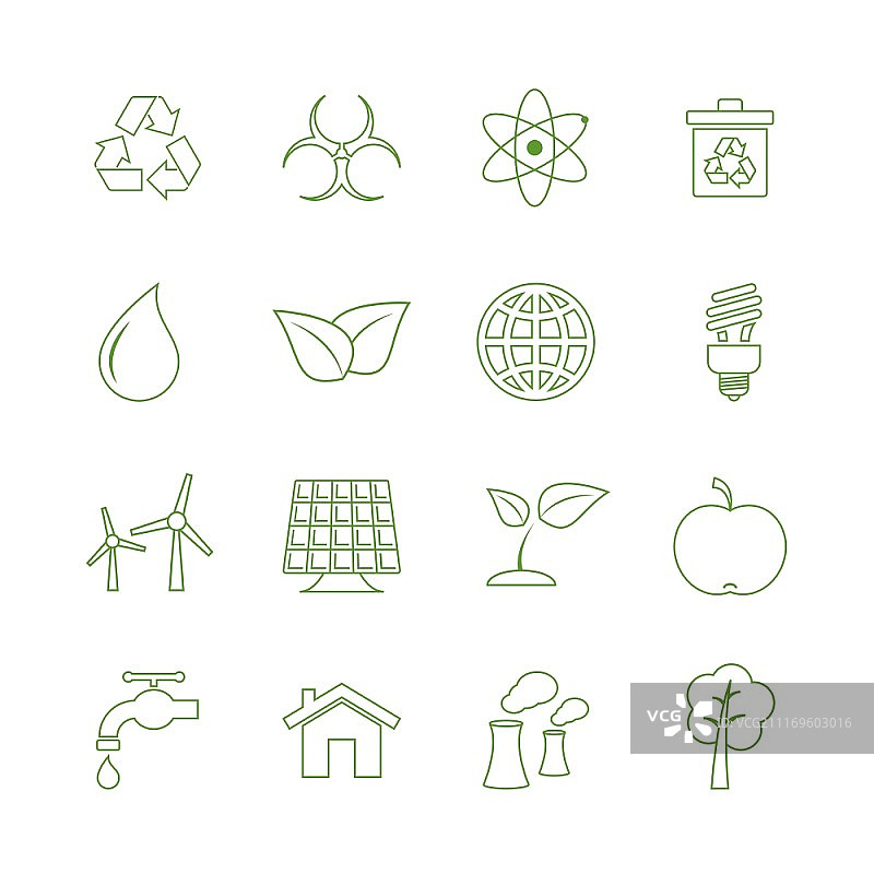 绿色生态图标集：生物燃料、可再生能源和污染隔离矢量图图片素材