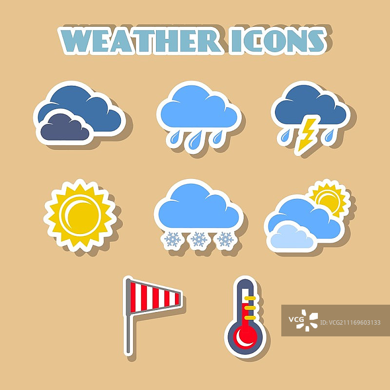 天气图标合集，彩色贴纸隔离矢量图图片素材