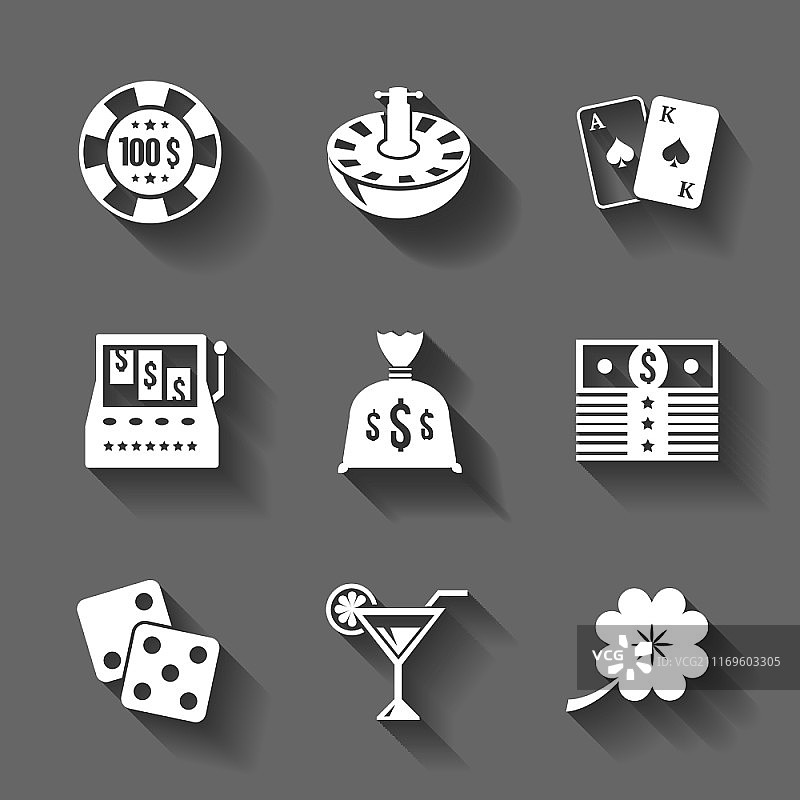 孤立的博彩图标集，对比阴影矢量图图片素材