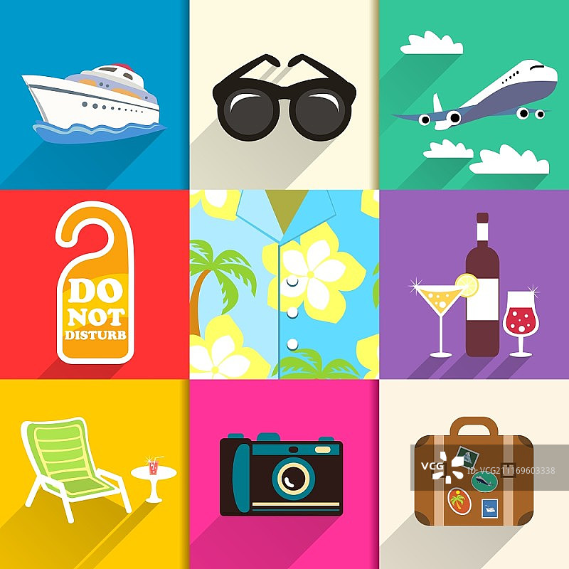 你好衬衫，旅行和度假图标集，太阳镜游艇和沙滩椅矢量插画图片素材