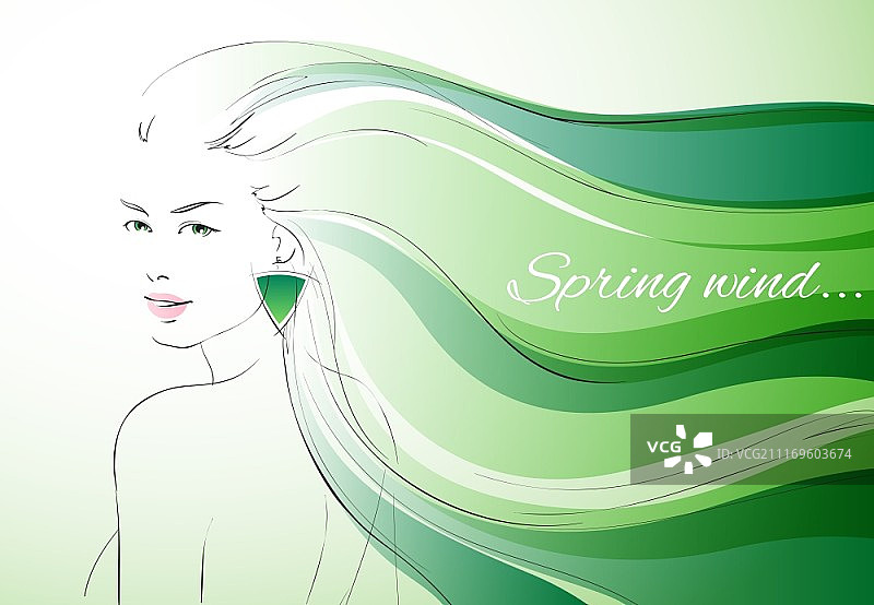 春天背景与波浪头发的富有表现力的女人矢量插图图片素材