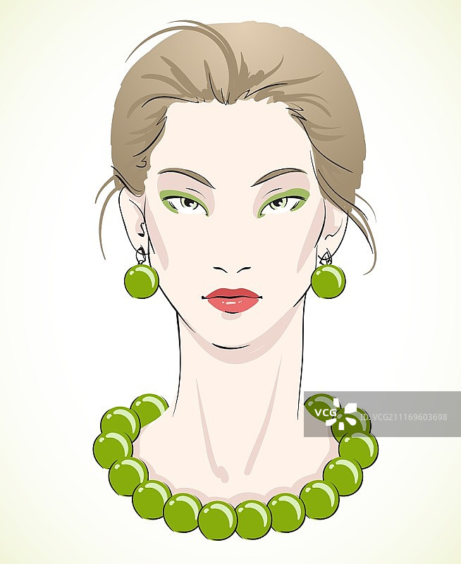 佩戴绿色珠子和耳环的优雅年轻模特肖像矢量插画图片素材