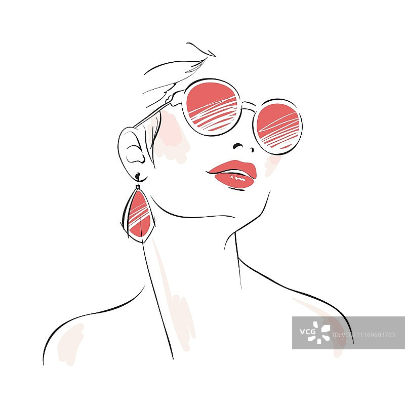 戴太阳镜和耳坠的表情丰富的女人像矢量图图片素材