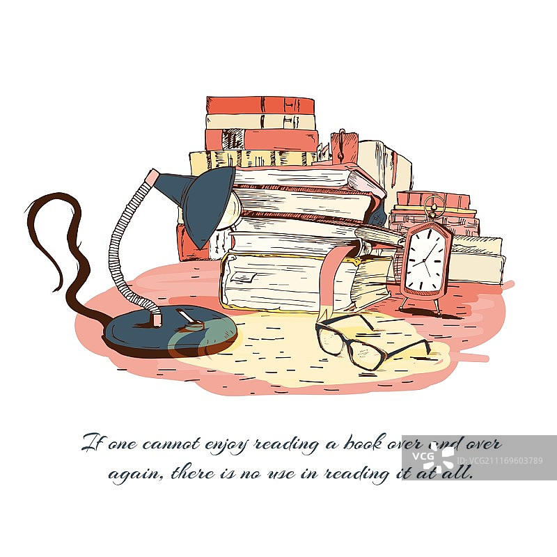 书籍阅读静物，配有眼镜、灯和时钟矢量图图片素材