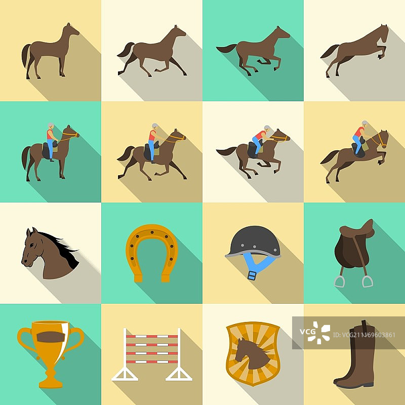 骑马扁平阴影图标集：骑手、马术运动和马蹄铁孤立矢量图图片素材