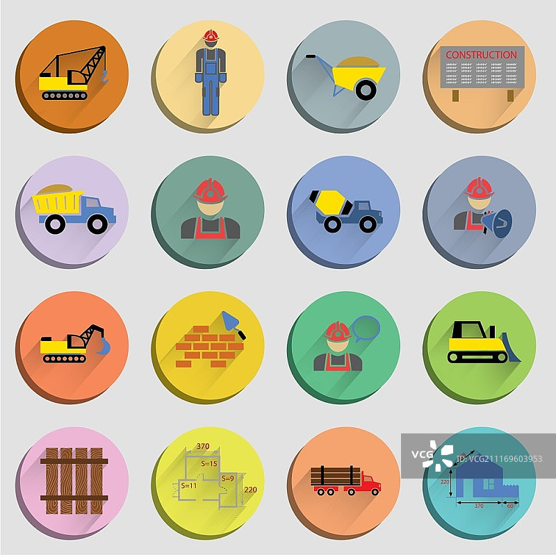施工现场起重机、卡车和搅拌机扁平图标图片素材