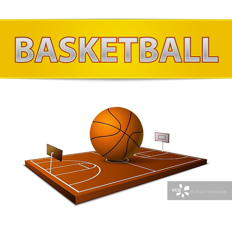 逼真篮球和带篮筐的球场标志矢量图图片素材