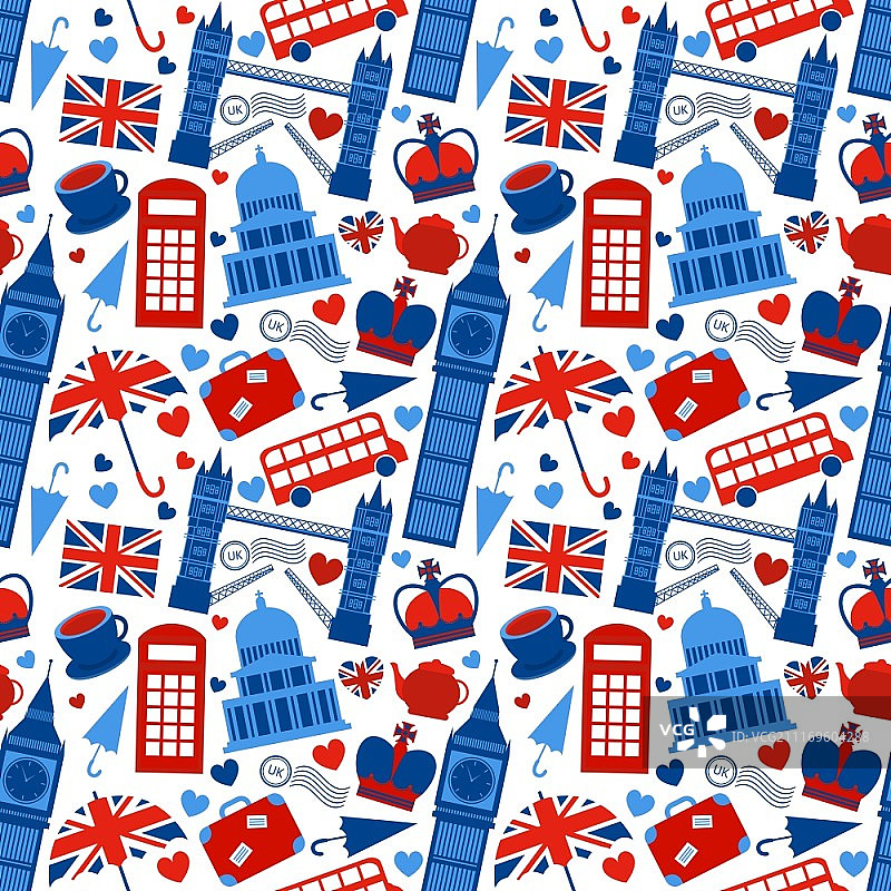 伦敦地标和英国符号无缝图案背景矢量插画图片素材