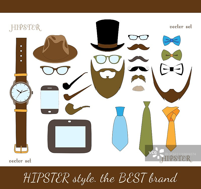 时尚配饰图标套装：帽子、眼镜、胡须、领结矢量图图片素材