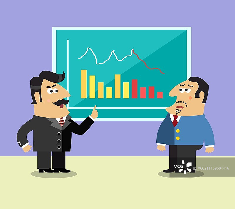 商务生活：西装股东在图表附近和沮丧的执行董事场景概念矢量图图片素材