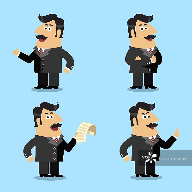 西装革履的商业人士，手持文件，情绪化姿势和姿态的股东矢量插图图片素材