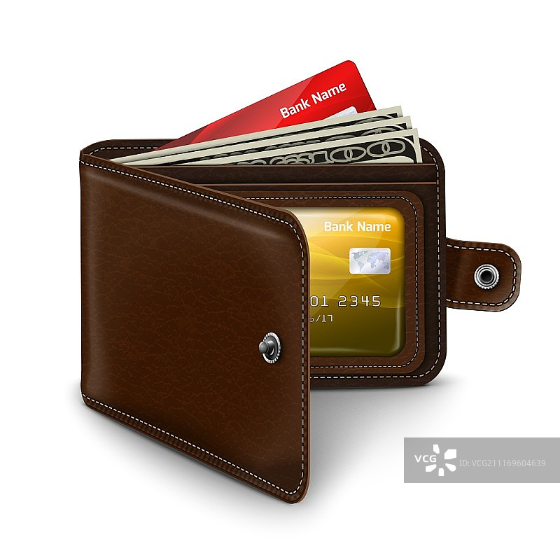 经典现代棕色皮革敞开口袋钱包矢量图图片素材