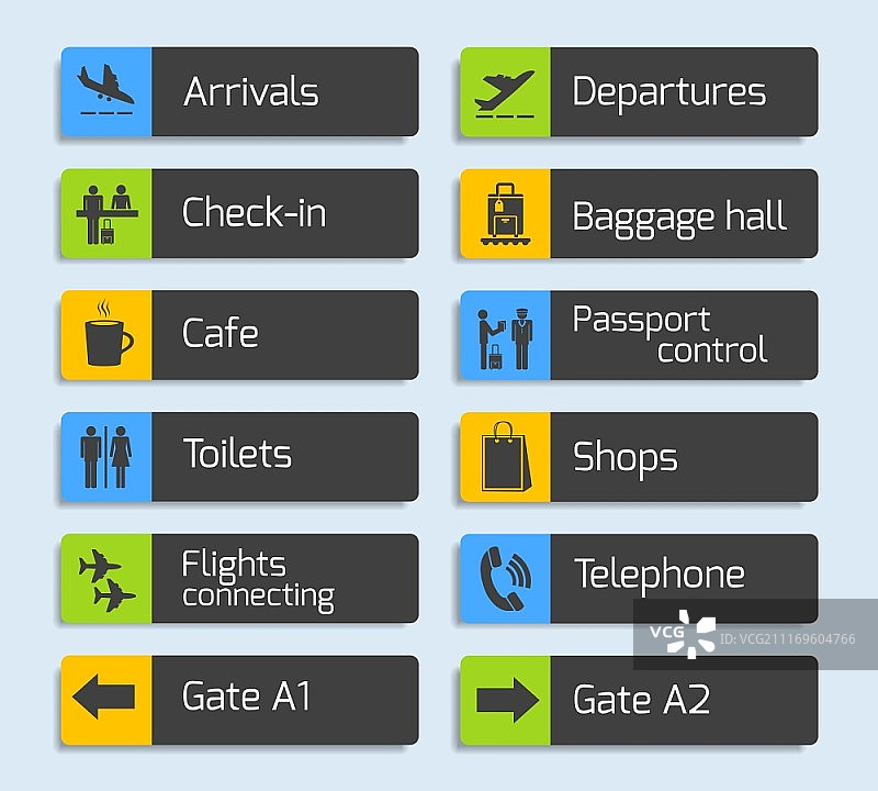 机场导航设计标牌，包含飞机到达、出发、护照和行李控制图标，矢量图图片素材