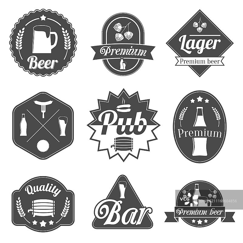 啤酒派对标签徽章合集：瓶子、玻璃杯、杯子、小龙虾和龙虾手绘草图矢量图图片素材