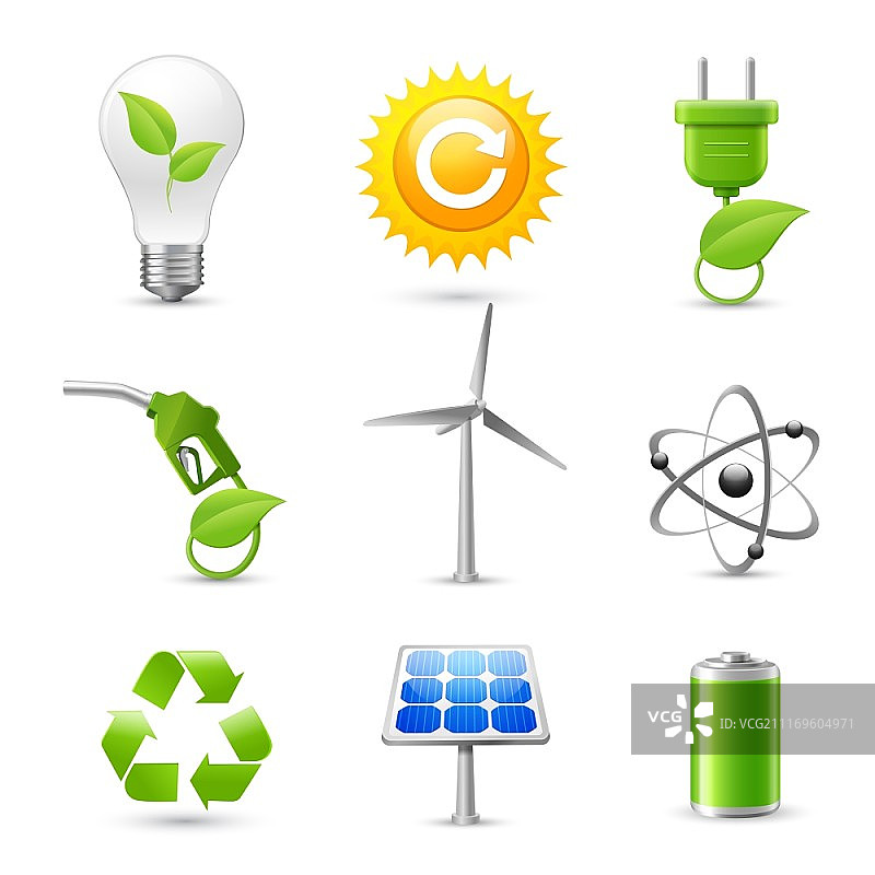 能源生态图标合集：化石燃料、太阳能板、风车矢量图图片素材