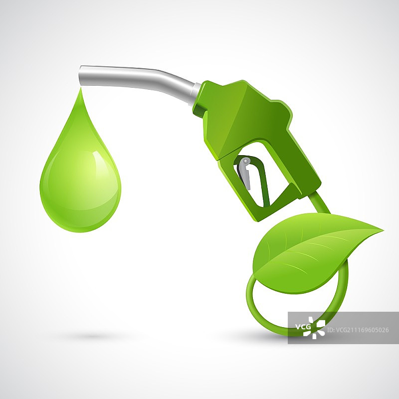带有加油枪叶和滴的绿色生物燃料概念自然能源概念矢量图图片素材