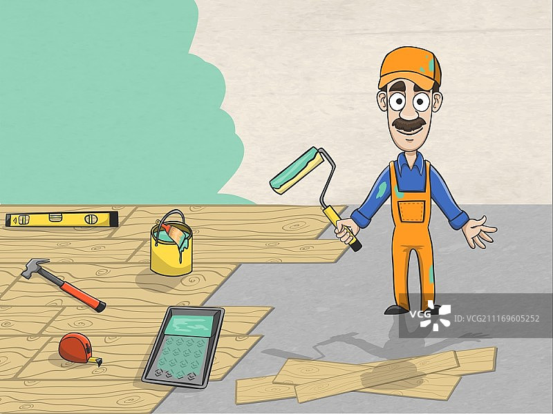 戴头盔、携带工具的房屋改造装修工人矢量插画图片素材