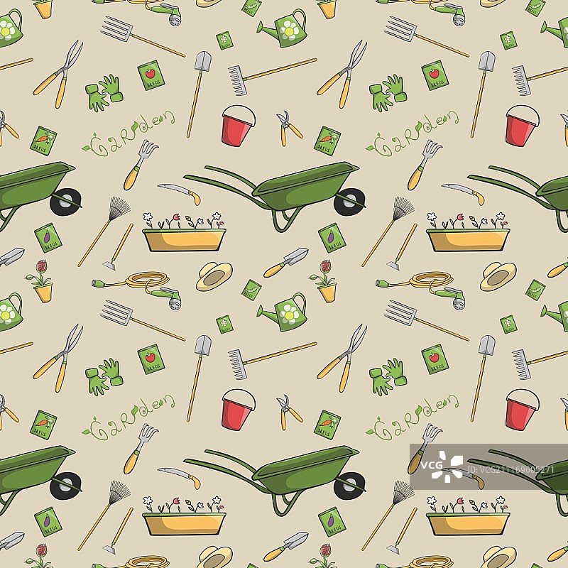 装饰园艺工具无缝墙纸或背景复古印花图案矢量图图片素材