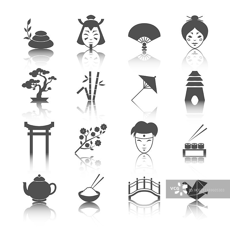 日本文化图标集：盆栽折纸寿司茶道图片素材