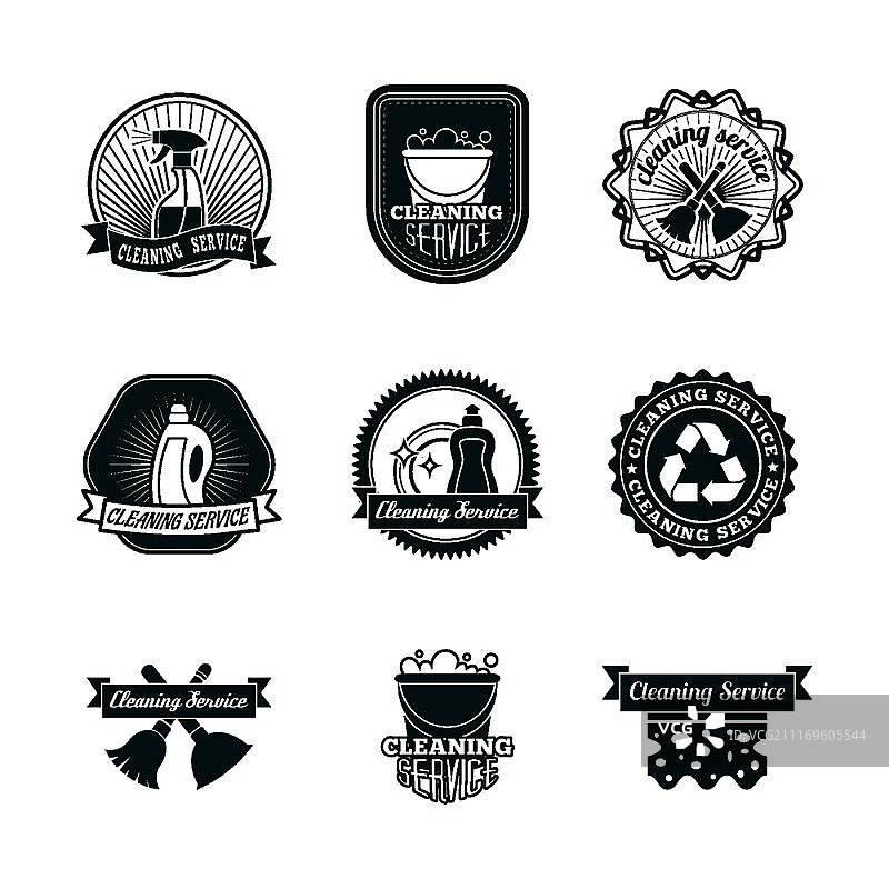 清洁除尘和消毒标签套装：喷雾清洁剂瓶柱塞隔离矢量图图片素材