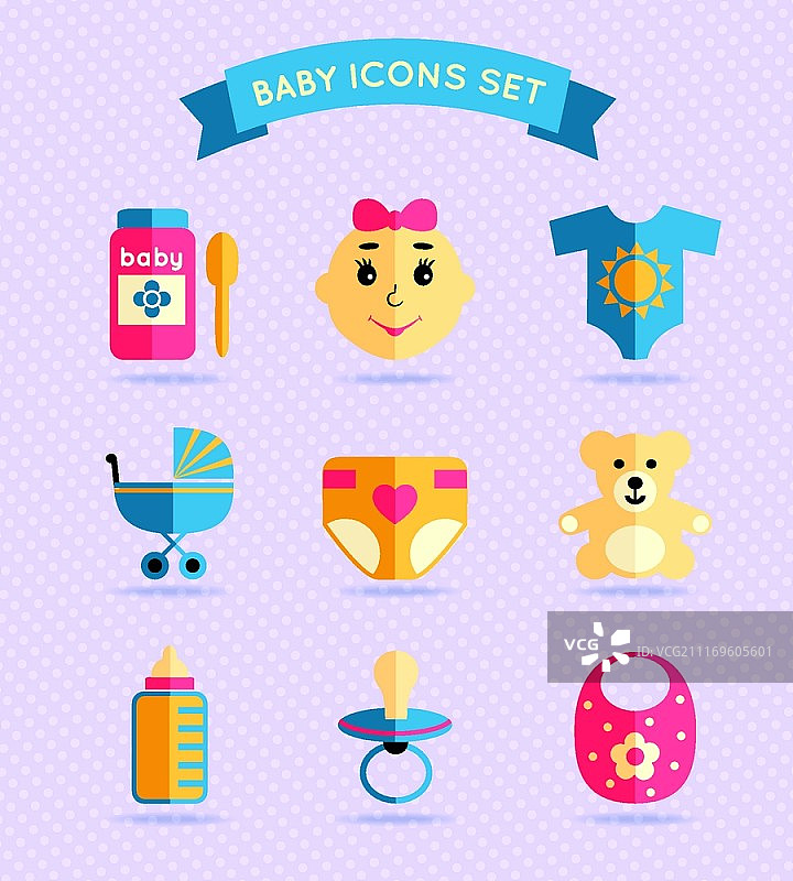 装饰性婴儿儿童图标，含食物、勺子、婴儿车、尿布图片素材