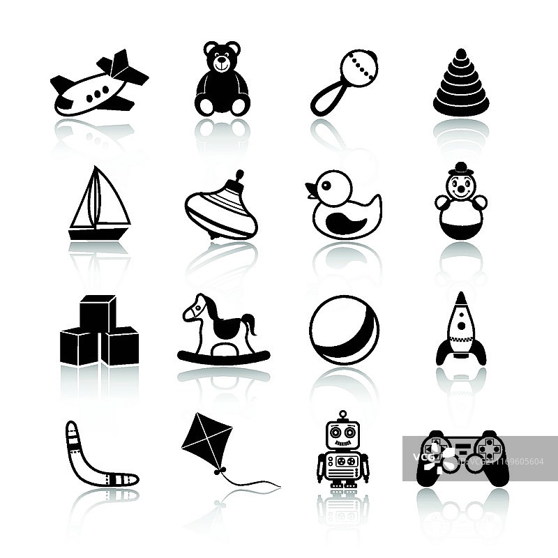 黑白儿童玩具图标：飞机、泰迪熊、拨浪鼓、金字塔图片素材
