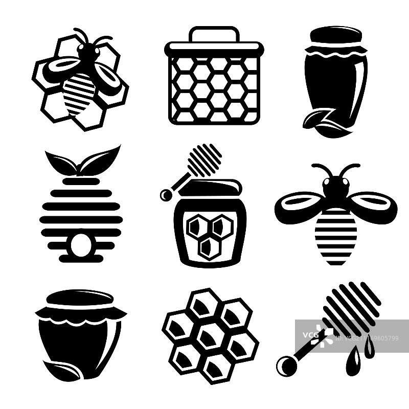 蜜蜂蜂巢和蜂窝食品农业黑色剪影图标集矢量图图片素材