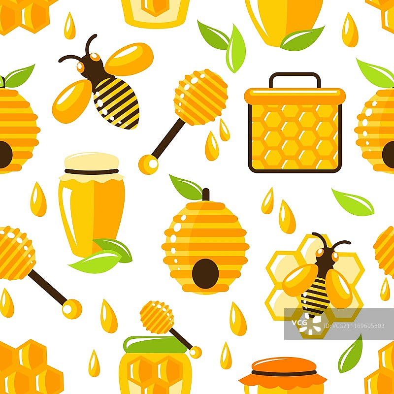 装饰蜜蜂蜂巢和蜂窝食物无缝图案矢量图图片素材