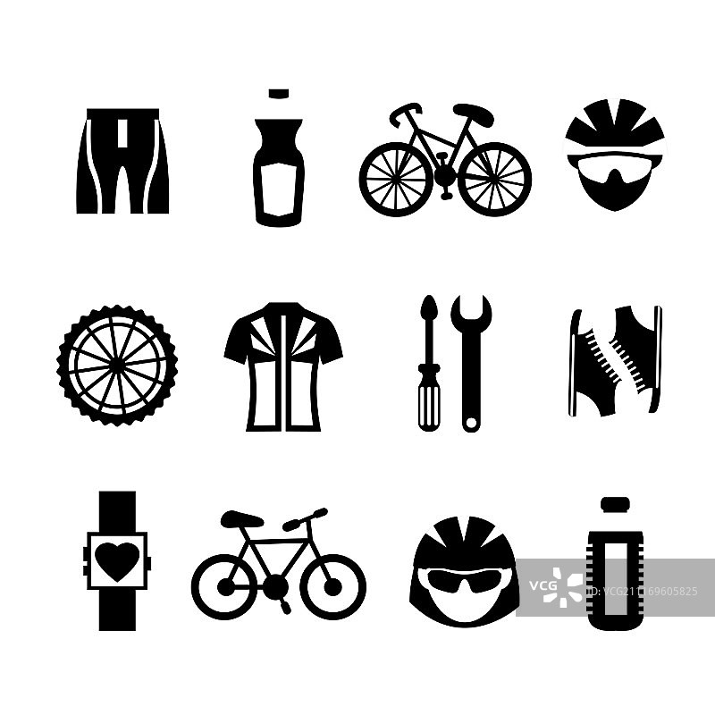 自行车运动健身黑白图标集，含服装、水壶、头盔和骑行者矢量图图片素材