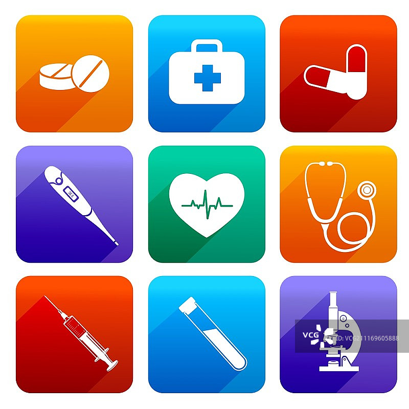 包含药丸急救箱和心跳的扁平医疗急救图标集矢量图图片素材