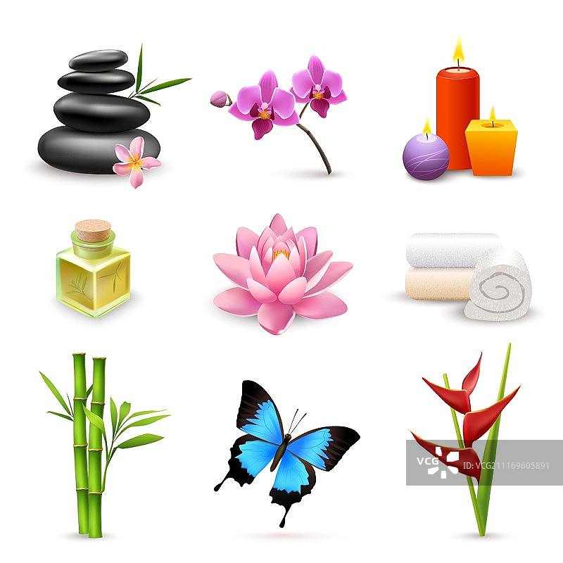 逼真3D水疗美容保健图标集，含竹莲花蜡烛，独立矢量图图片素材