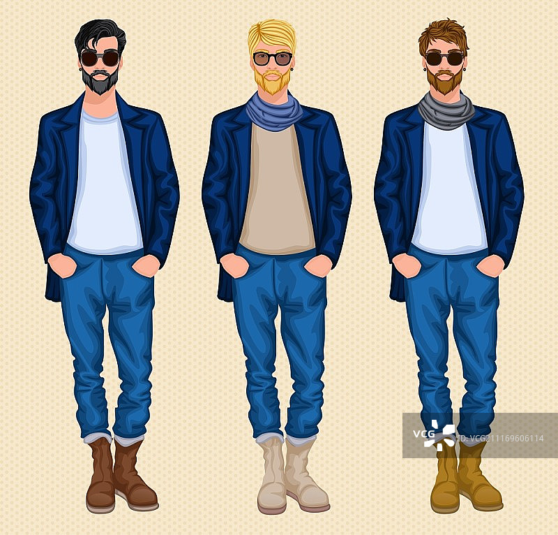 时髦人物男性头像，一套金发深棕色头发的男人孤立矢量插图图片素材
