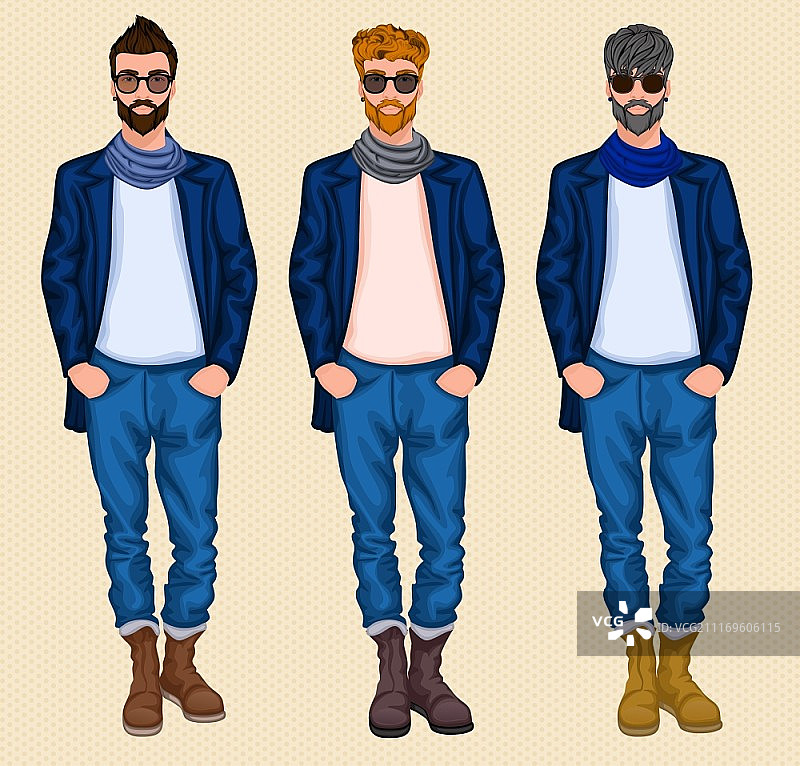 灰色、姜黄色、棕色头发的时尚男性头像矢量图图片素材