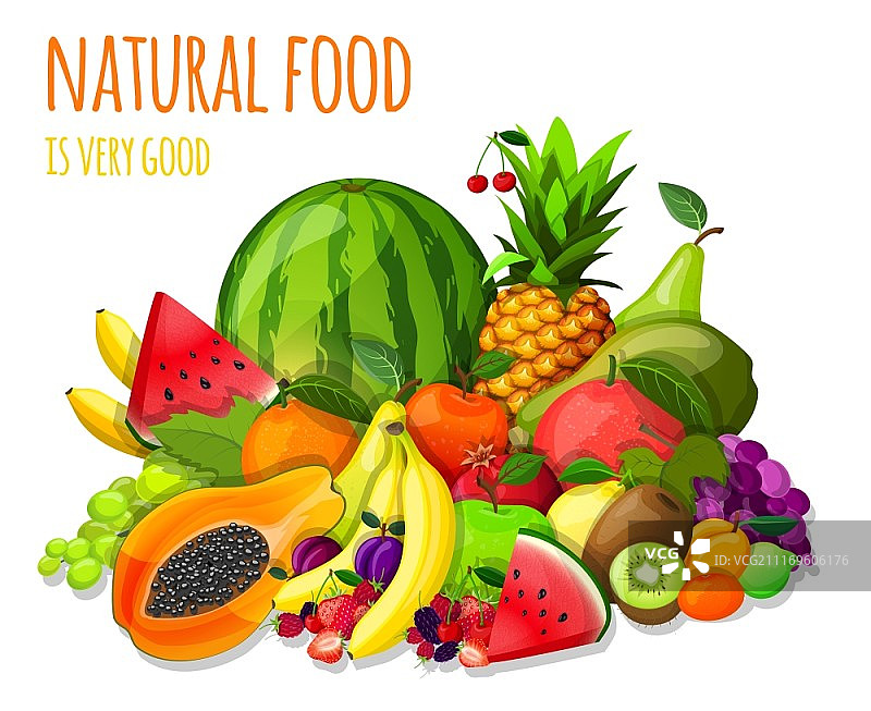 天然有机水果和浆果静物写生，含西瓜苹果猕猴桃葡萄矢量插画图片素材