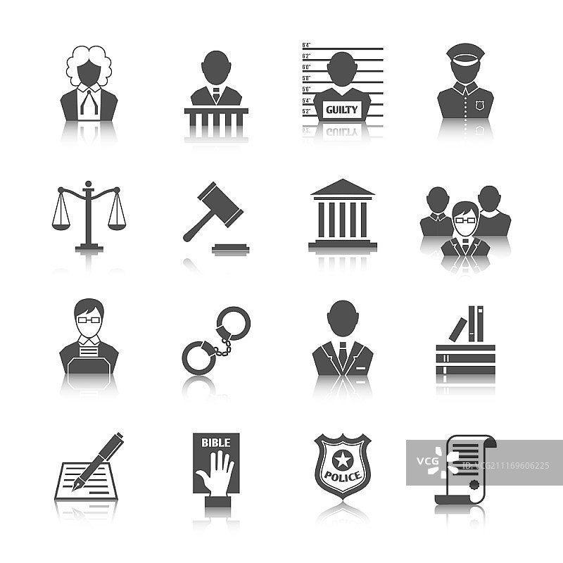 法律、公正、法官和立法图标集与天平法院木槌隔离矢量图解图片素材