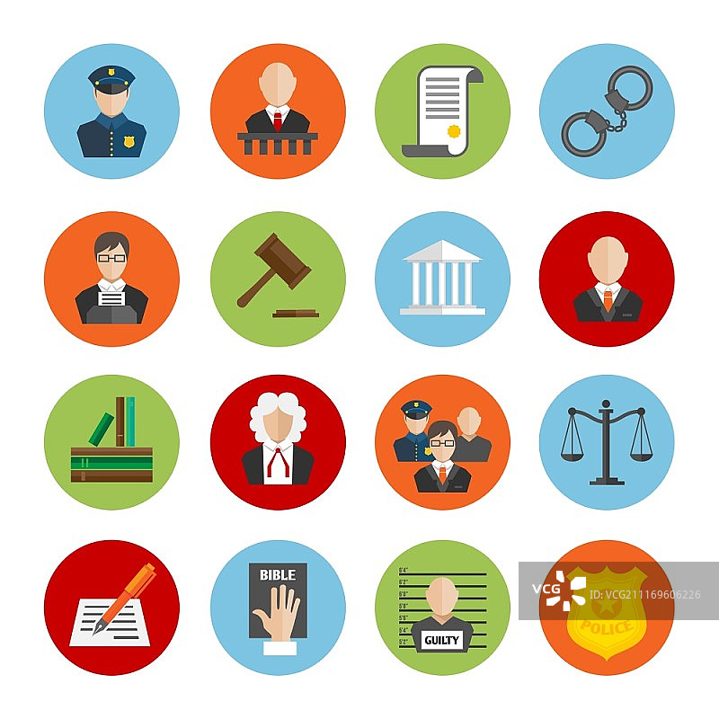 法律、法治、法官和立法扁平图标集矢量图图片素材