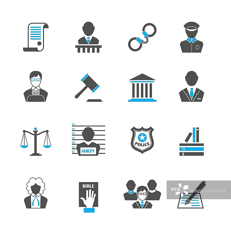 法律公正犯罪与惩罚图标，含手铐律师矢量图图片素材